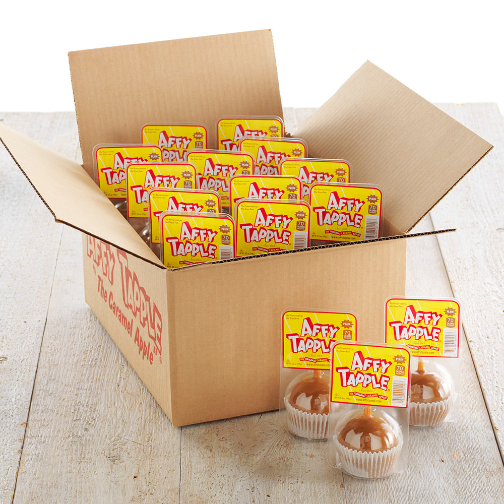 Box of Affy Tapple caramel apple treats on a wooden surface