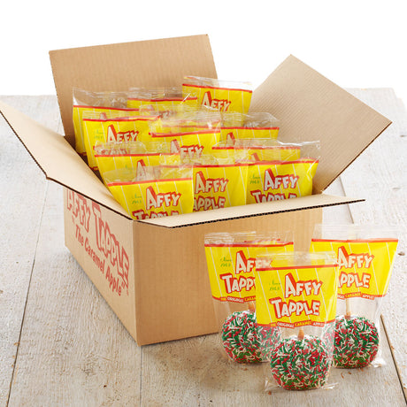 Box of Affy Tapple Christmas treats on a wooden surface