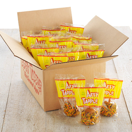Box of Affy Tapple Halloween treats on a wooden surface
