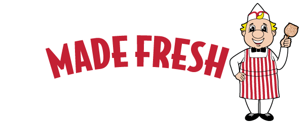 Cartoon character in an apron holding a spatula with 'MADE FRESH' text above on a white background